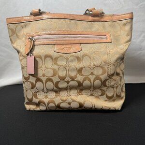 Coach Signature Tote Bag Tan Jacquard Canvas Pink Trim Zip Pocket Shoulder Bag